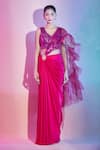 Amit Aggarwal_Fuchsia Satin Embellished Plunged Metallic Ruffle Pre-draped Saree With Blouse _Online_at_Aza_Fashions