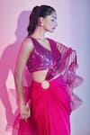 Shop_Amit Aggarwal_Fuchsia Satin Embellished Plunged Metallic Ruffle Pre-draped Saree With Blouse _Online_at_Aza_Fashions