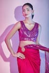 Amit Aggarwal_Fuchsia Satin Embellished Plunged Metallic Ruffle Pre-draped Saree With Blouse _at_Aza_Fashions