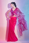 Buy_Amit Aggarwal_Fuchsia Satin Embellished Plunged Metallic Ruffle Pre-draped Saree With Blouse 