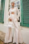 Buy_Mani Bhatia_Ivory Dupion Silk Embroidery Pearl Lily Petal Jacket And Bell Bottom Pant Set _at_Aza_Fashions