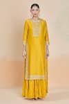 Buy_Sheetal Batra_Yellow Chanderi Silk Embroidered Dori Round Floral Gota Kurta Skirt Set _Online_at_Aza_Fashions