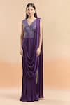 Amit Aggarwal_Purple Embellished Cutdana V Neck Draped Saree Gown _Online_at_Aza_Fashions