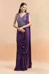 Amit Aggarwal_Purple Embellished Cutdana V Neck Draped Saree Gown _at_Aza_Fashions