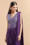 Buy_Amit Aggarwal_Purple Embellished Cutdana V Neck Draped Saree Gown 