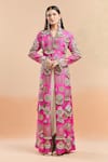 Buy_Anamika Khanna_Pink Embellished Peacock Stand Collar Slit Jacket With Draped Skirt _at_Aza_Fashions