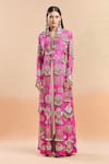 Anamika Khanna_Pink Embellished Peacock Stand Collar Slit Jacket With Draped Skirt _Online_at_Aza_Fashions