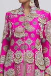 Anamika Khanna_Pink Embellished Peacock Stand Collar Slit Jacket With Draped Skirt _at_Aza_Fashions