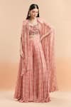 Buy_Ridhi Mehra_Pink Net Printed Floral Blouse Sweetheart Cape And Sharara Set _at_Aza_Fashions