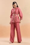 Ridhi Mehra_Red Printed Floral Round Shirt And Bell Bottom Pant Set _at_Aza_Fashions