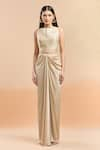 Amit Aggarwal_Beige Embellished Boat Metallic Draped Saree Skirt Set _Online_at_Aza_Fashions