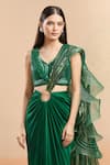 Buy_Amit Aggarwal_Emerald Green Embellished Cutdana Metallic Ruffled Pre-draped Saree With Blouse 