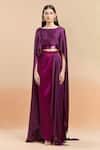 Buy_Amit Aggarwal_Fuchsia Embellished Polymer Boat Cape Top And Color Block Draped Skirt Ste 