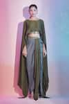 Amit Aggarwal_Grey Embellished Polymer Boat Cape Top And Color Block Draped Skirt Set _Online_at_Aza_Fashions