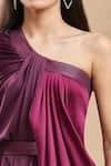 Amit Aggarwal_Wine Corded One Shoulder Draped Color Blocked Dress _Online_at_Aza_Fashions