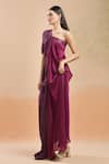 Buy_Amit Aggarwal_Wine Corded One Shoulder Draped Color Blocked Dress _Online_at_Aza_Fashions