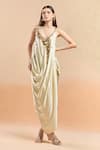 Buy_AK-OK_Beige Embellished Coin Plunged V Draped Dress _at_Aza_Fashions