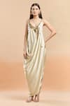 Shop_AK-OK_Beige Embellished Coin Plunged V Draped Dress _Online_at_Aza_Fashions