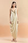 AK-OK_Beige Embellished Coin Plunged V Draped Dress _at_Aza_Fashions