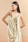 Buy_AK-OK_Beige Embellished Coin Plunged V Draped Dress 