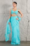 Buy_KIRAN KALSI_Blue Saree Organza Embellished Rhinestone Leaf With Blouse _Online_at_Aza_Fashions