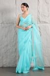 Buy_KIRAN KALSI_Blue Saree Organza Embellished Rhinestone Leaf With Blouse _at_Aza_Fashions