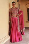 Buy_Petticoat Lane by Divya_Fuchsia Chanderi Embroidered Thread Cape Jamevar Cut-out Border Lehenga Set _at_Aza_Fashions