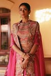 Shop_Petticoat Lane by Divya_Fuchsia Chanderi Embroidered Thread Cape Jamevar Cut-out Border Lehenga Set _at_Aza_Fashions