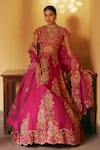 Buy_Petticoat Lane by Divya_Fuchsia Organza Embroidered Thread V-neck Jamevar Paisley Lehenga Set _at_Aza_Fashions