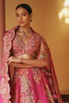 Shop_Petticoat Lane by Divya_Fuchsia Organza Embroidered Thread V-neck Jamevar Paisley Lehenga Set _at_Aza_Fashions