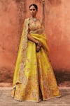 Buy_Petticoat Lane by Divya_Yellow Dupion Embroidered Thread Square Jamevar Paisley Vine Lehenga Set _at_Aza_Fashions