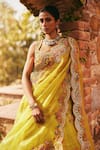 Shop_Petticoat Lane by Divya_Yellow Dupion Embroidered Thread Square Jamevar Paisley Vine Lehenga Set _at_Aza_Fashions