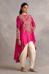 Petticoat Lane by Divya_Fuchsia Chanderi Embroidered Thread Paisley High-low Jacket Dhoti Pant Set _Online_at_Aza_Fashions