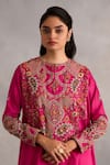 Shop_Petticoat Lane by Divya_Fuchsia Chanderi Embroidered Thread Paisley High-low Jacket Dhoti Pant Set _Online_at_Aza_Fashions