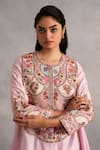 Buy_Petticoat Lane by Divya_Pink Chanderi Embroidered Thread Round Paisley Floral Patchwork Kurta Pant Set _Online_at_Aza_Fashions