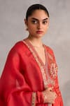 Buy_Petticoat Lane by Divya_Orange Chanderi Embroidered Thread V-neck Paisley Vine Kalidar With Dupatta 