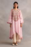 Petticoat Lane by Divya_Pink Chanderi Embroidered Thread Round Paisley Asymmetric Kurta With Pant _Online_at_Aza_Fashions