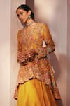 Shop_Petticoat Lane by Divya_Yellow Organza Embroidered Thread V-neck High-low Peplum Kurta With Sharara _at_Aza_Fashions