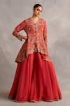 Buy_Petticoat Lane by Divya_Orange Organza Embroidered Thread V-neck High-low Peplum Kurta With Sharara _at_Aza_Fashions