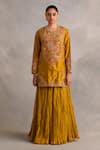 Petticoat Lane by Divya_Yellow Chanderi Embroidered Thread Floral Vine Kurta Textured Sharara Set _Online_at_Aza_Fashions