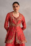 Petticoat Lane by Divya_Orange Chanderi Embroidered Thread Leaf Floral Vine Peplum Kurta With Sharara _at_Aza_Fashions