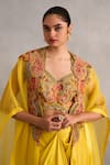 Shop_Petticoat Lane by Divya_Yellow Bustier Jamevar Chanderi Embroidered Thread Paisley Cape With Skirt Set _Online_at_Aza_Fashions