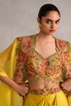 Petticoat Lane by Divya_Yellow Bustier Jamevar Chanderi Embroidered Thread Paisley Cape With Skirt Set _at_Aza_Fashions