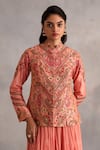 Shop_Petticoat Lane by Divya_Pink Chanderi Embroidered Thread Mandarin Paisley Jacket With Skirt _Online_at_Aza_Fashions