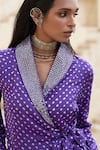 Shop_Pink City by Sarika_Purple Silk Bandhani Lapel Collar Embellished Wrap Blazer With Pant _at_Aza_Fashions