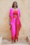 Shop_Pink City by Sarika_Pink Silk Bandhani Mirror Open Tassel Embellished Ombre Cape And Draped Skirt Set _Online_at_Aza_Fashions