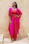 Shop_Pink City by Sarika_Pink Silk Bandhani Mirror Open Tassel Embellished Ombre Cape And Draped Skirt Set _at_Aza_Fashions