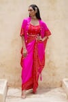 Pink City by Sarika_Pink Silk Bandhani Mirror Open Tassel Embellished Ombre Cape And Draped Skirt Set _at_Aza_Fashions