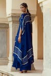 Pink City by Sarika_Blue Silk Bandhani Cape 1 Open Tassel Embellished Pattern And Draped Skirt Set _Online_at_Aza_Fashions