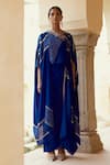 Shop_Pink City by Sarika_Blue Silk Bandhani Cape 1 Open Tassel Embellished Pattern And Draped Skirt Set 